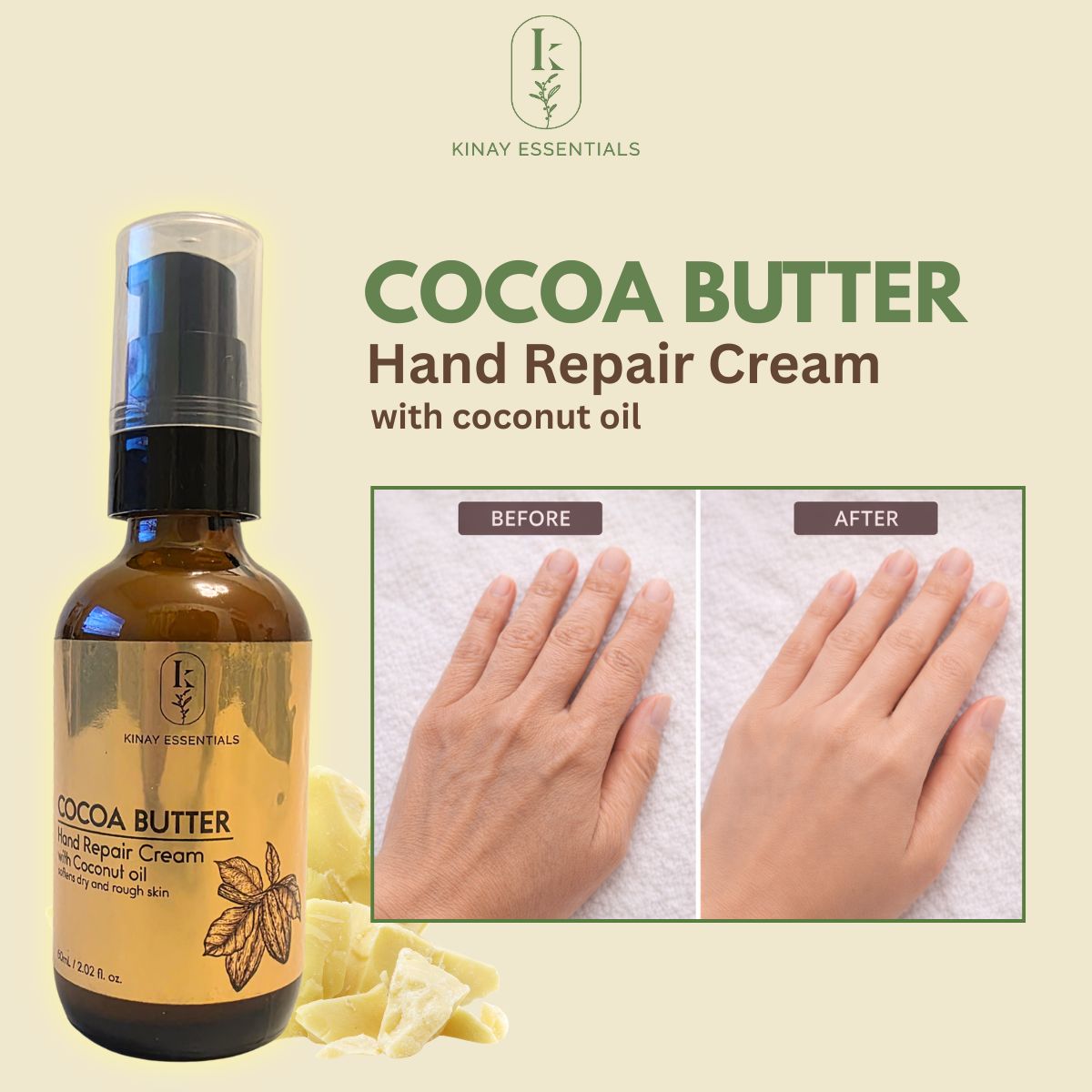 Kinay Essentials Cocoa Butter Hand Repair Cream with Coconut Oil 60mL