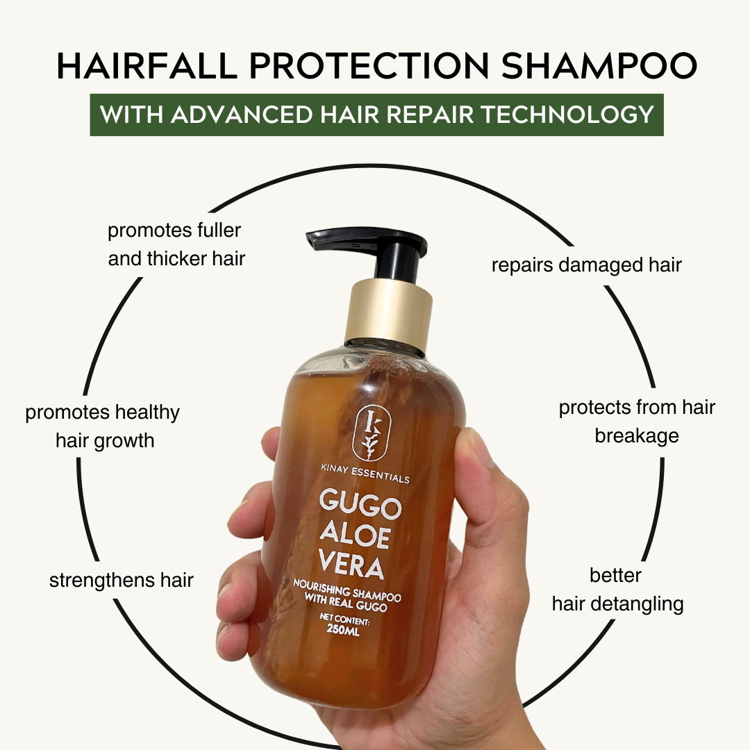 Hand holding a bottle of Kinay Essentials Gugo Aloe Vera shampoo with text highlighting its benefits.