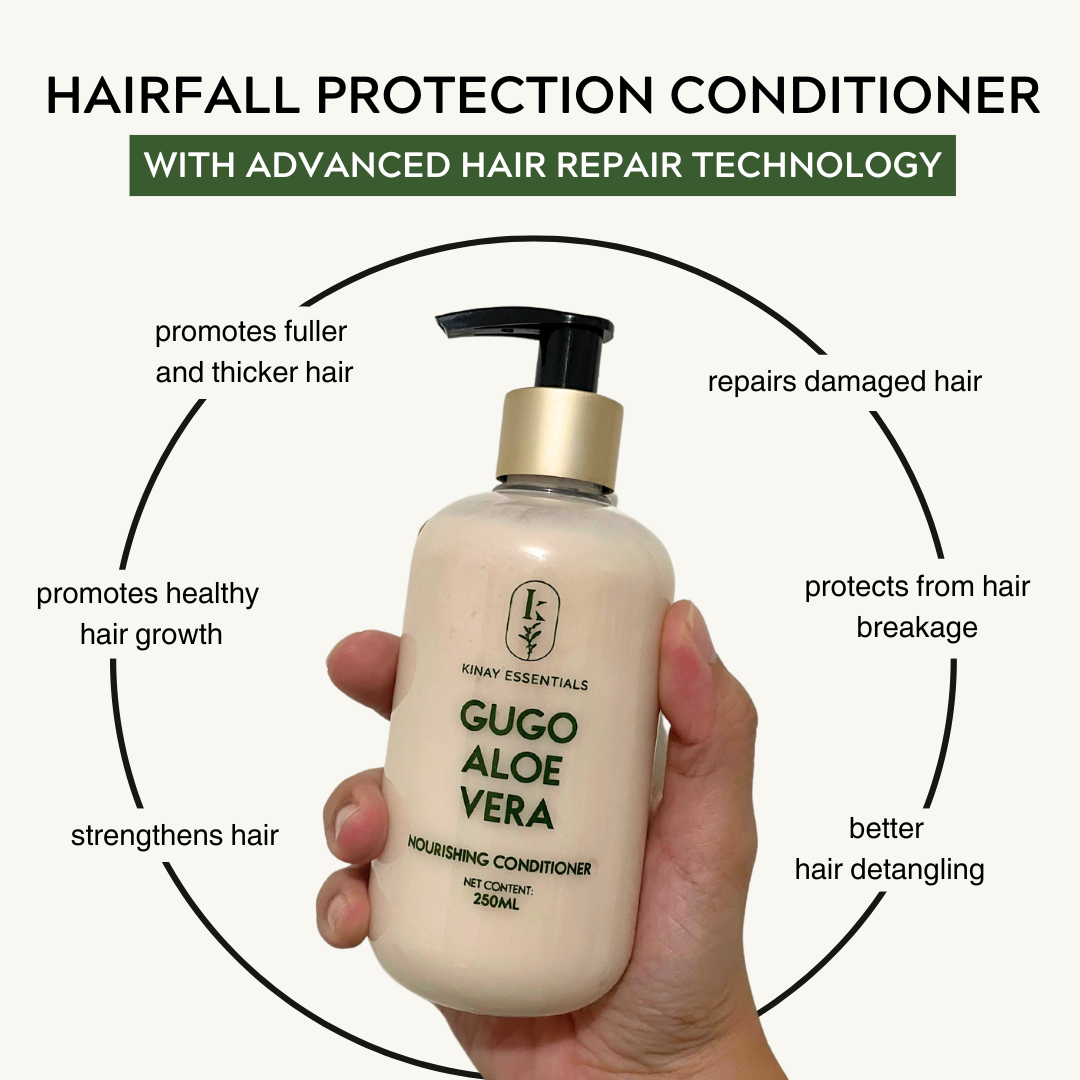 Hand holding a bottle of  Kinay Essentials Gugo Aloe Vera conditioner with text highlighting its benefits.