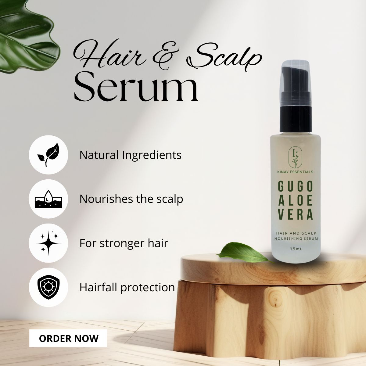 Gugo Aloe Vera hair and scalp serum bottle on a wooden stand with product features listed.