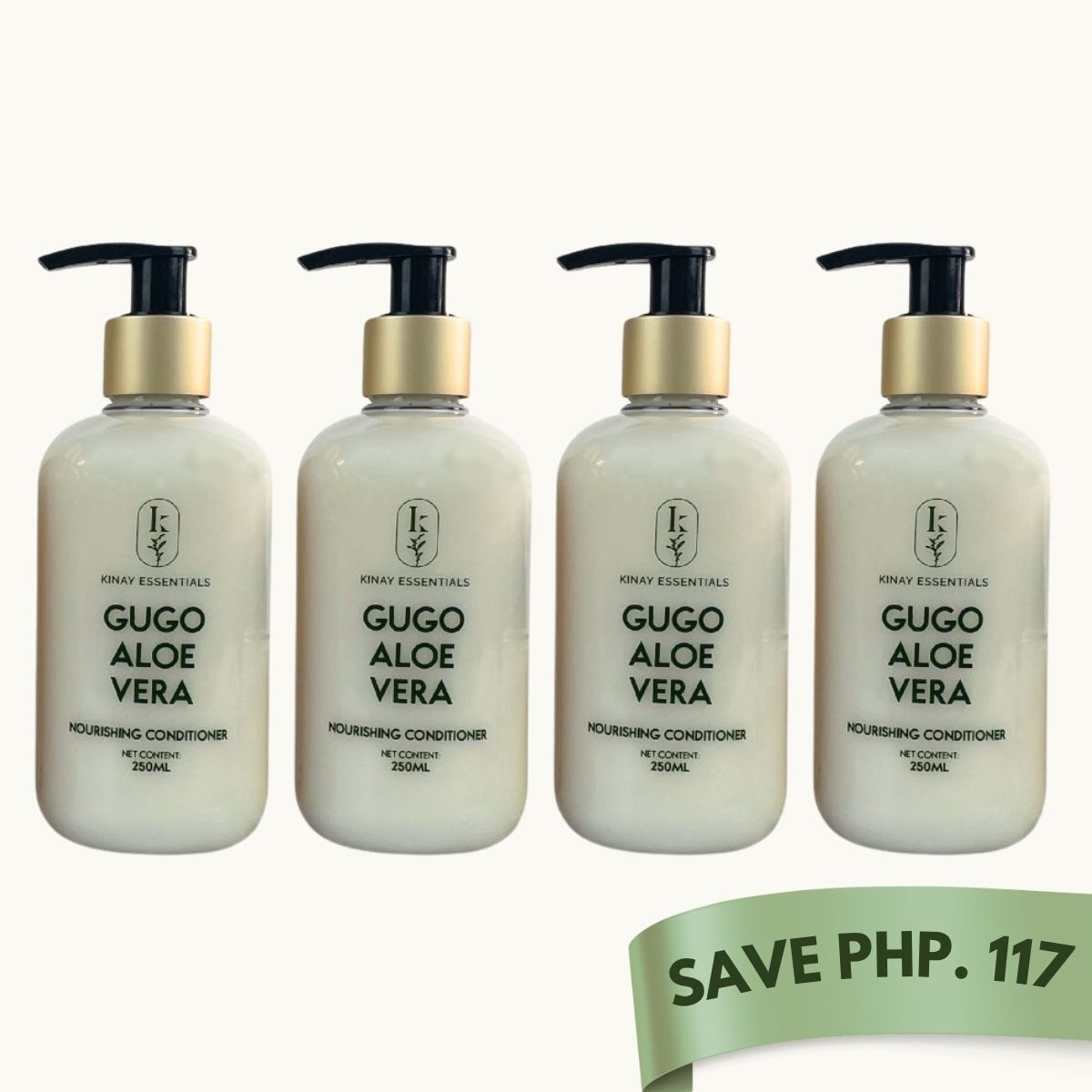 Four bottles of Gugo Aloe Vera conditioner with a discount banner on a white background