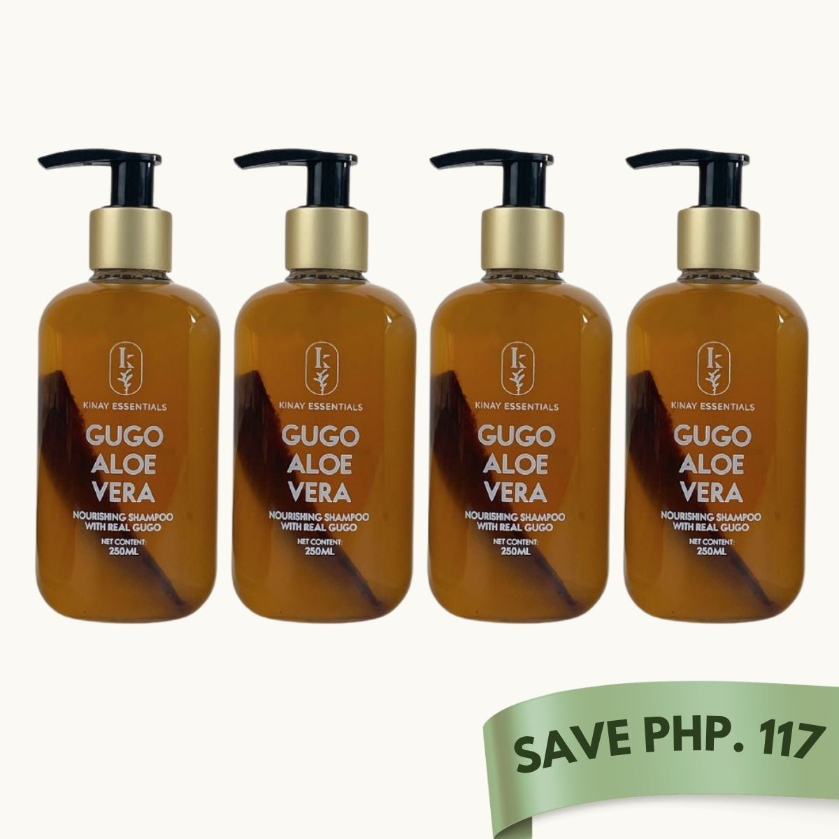 Four bottles of Gugo Aloe Vera shampoo with a discount banner on a white background