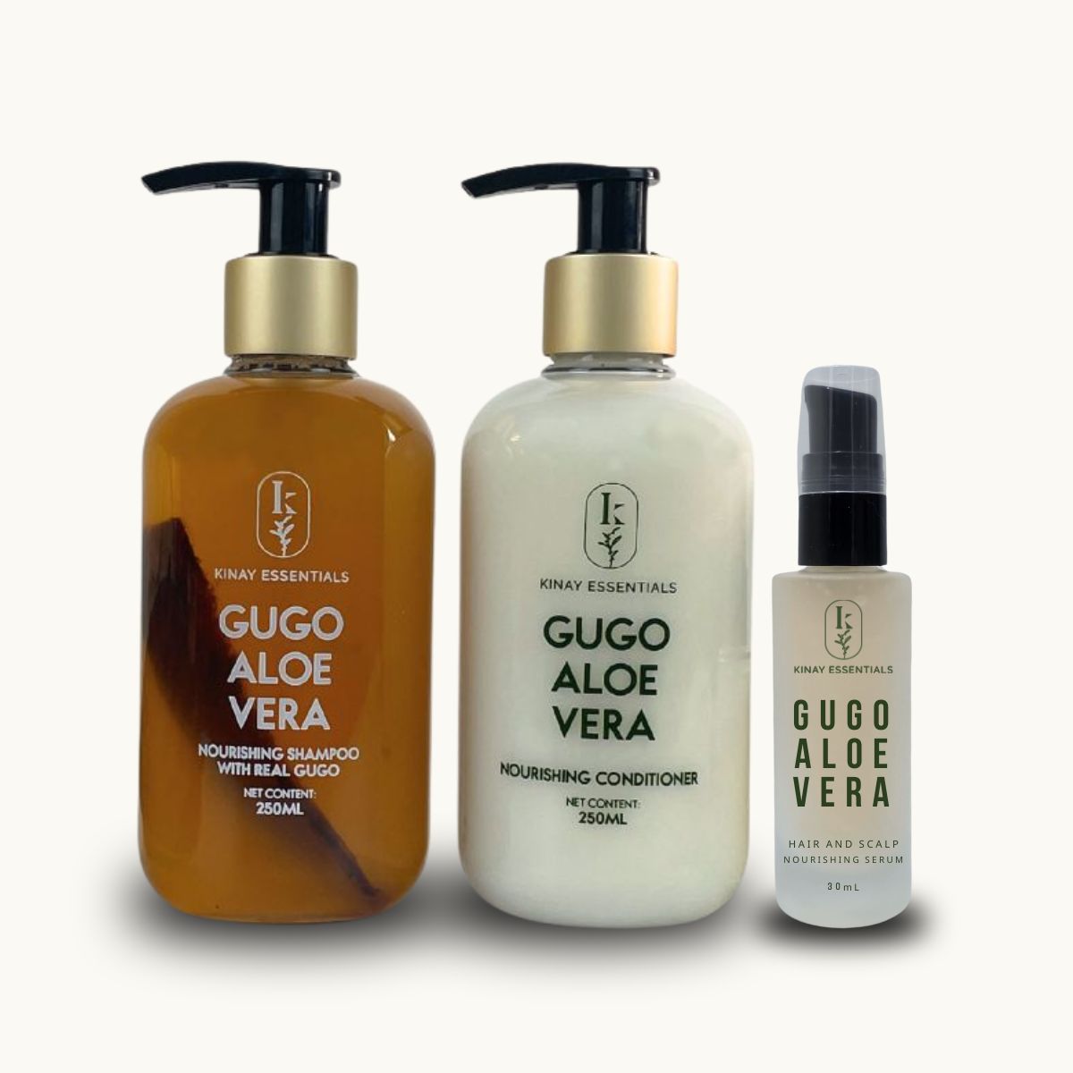 Three bottles of Kinay Essentials Gugo Aloe Vera hair care products on a white background