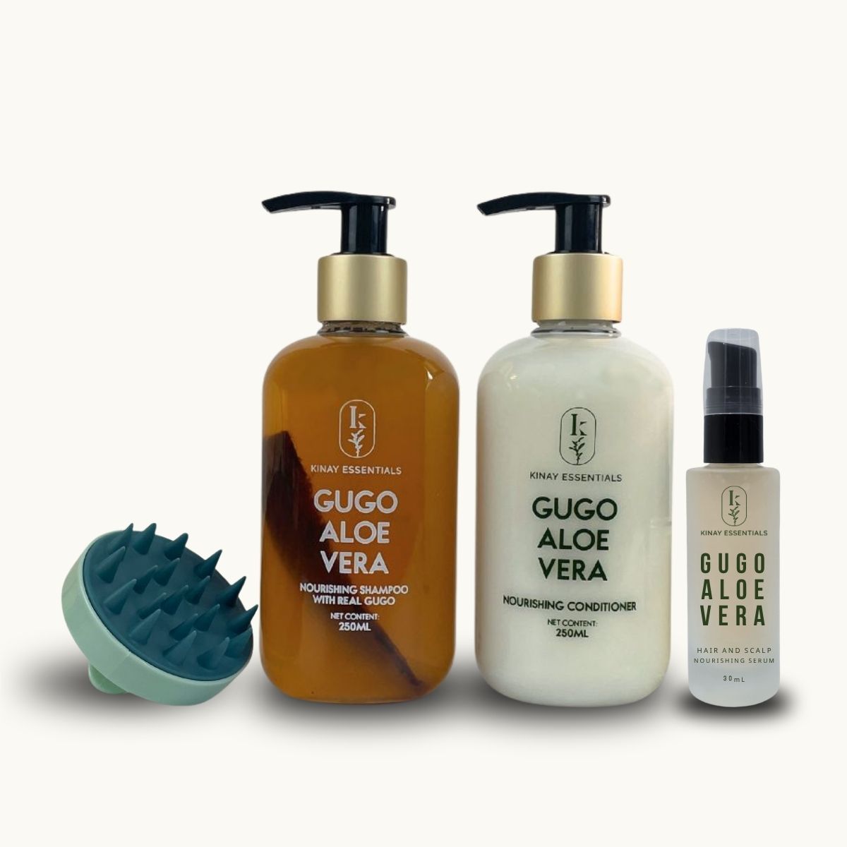 Gugo Aloe Vera hair care products including shampoo, conditioner, and scalp massager on a white background