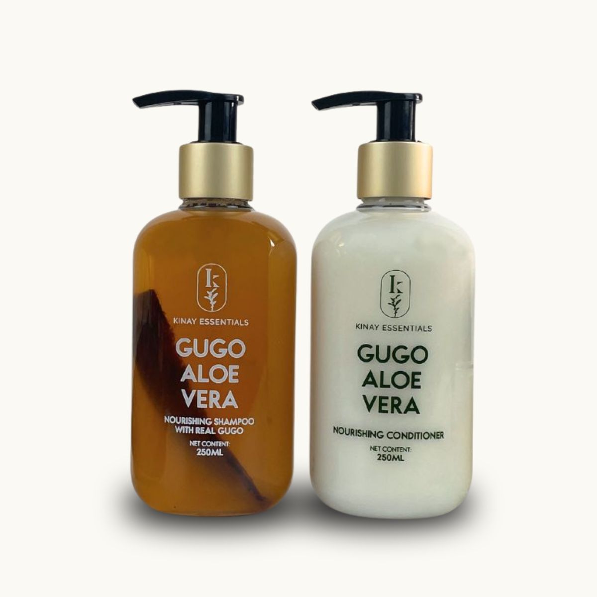 Two bottles of Gugo Aloe Vera shampoo and conditioner on a white background