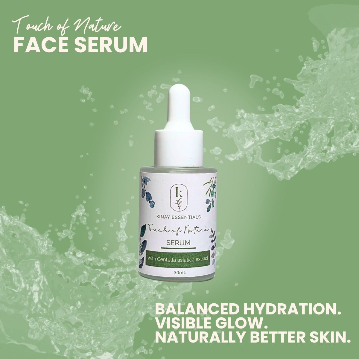 Face serum bottle with dropper on a green background, featuring text about balanced hydration and visible glow.