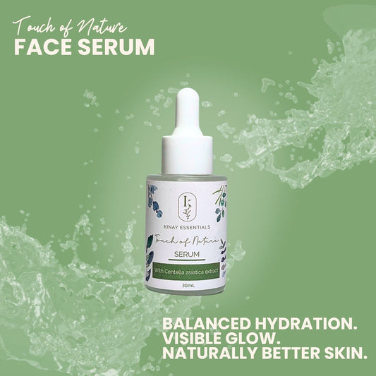 Face serum bottle with dropper on a green background, featuring text about balanced hydration and visible glow.