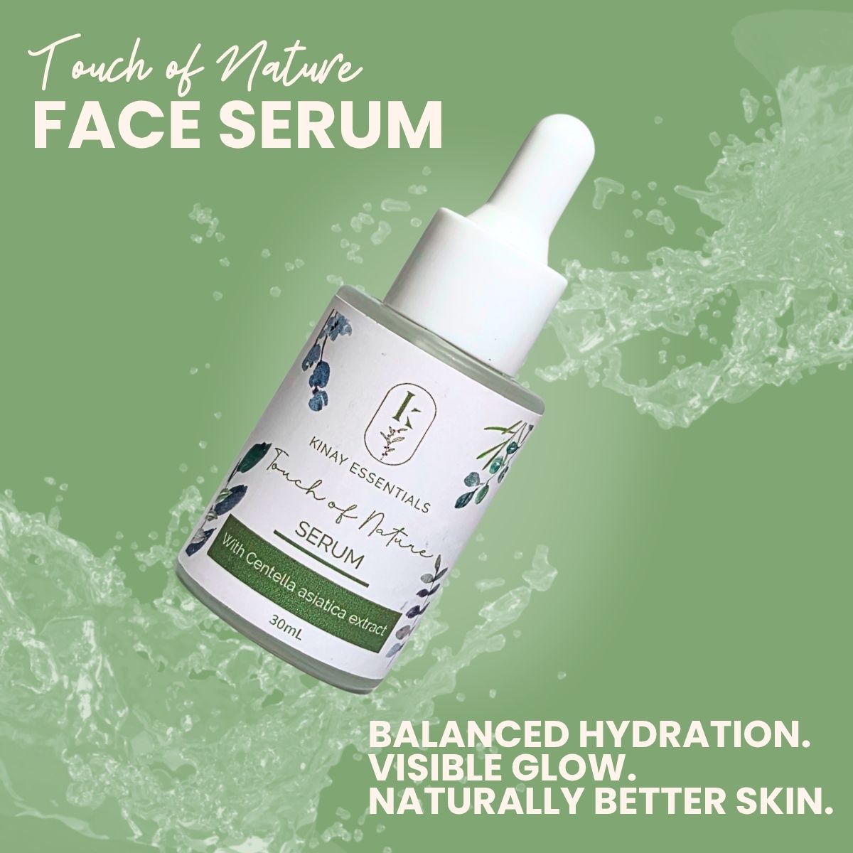 Face serum bottle with dropper on a green background, featuring text about balanced hydration and visible glow.