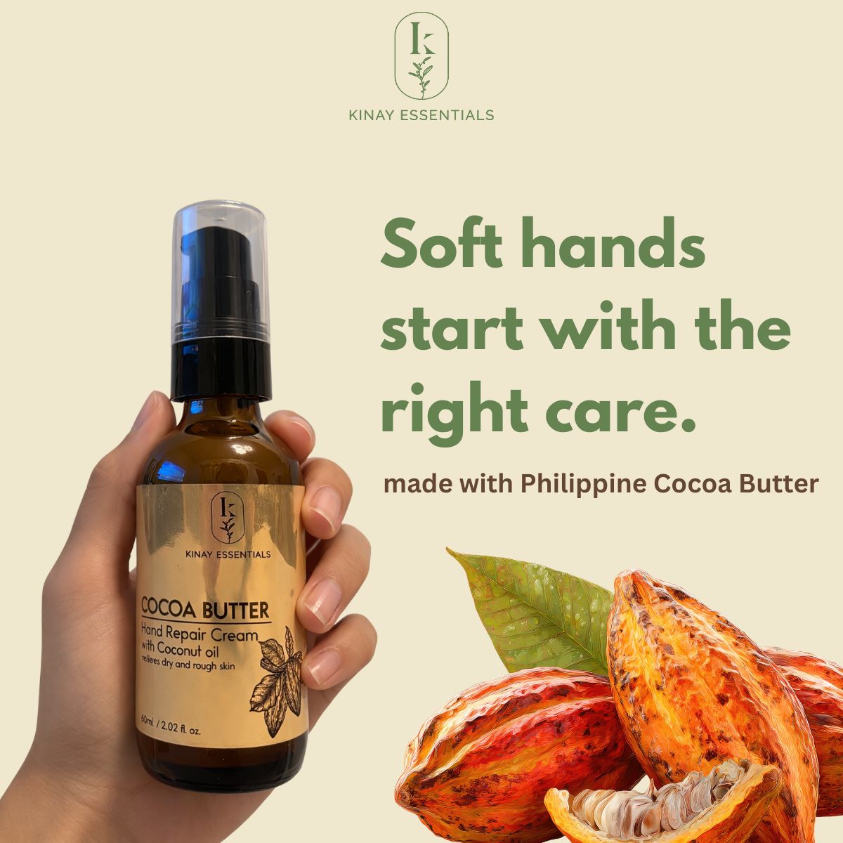 Kinay Essentials Cocoa Butter Hand Repair Cream with Coconut Oil 60mL